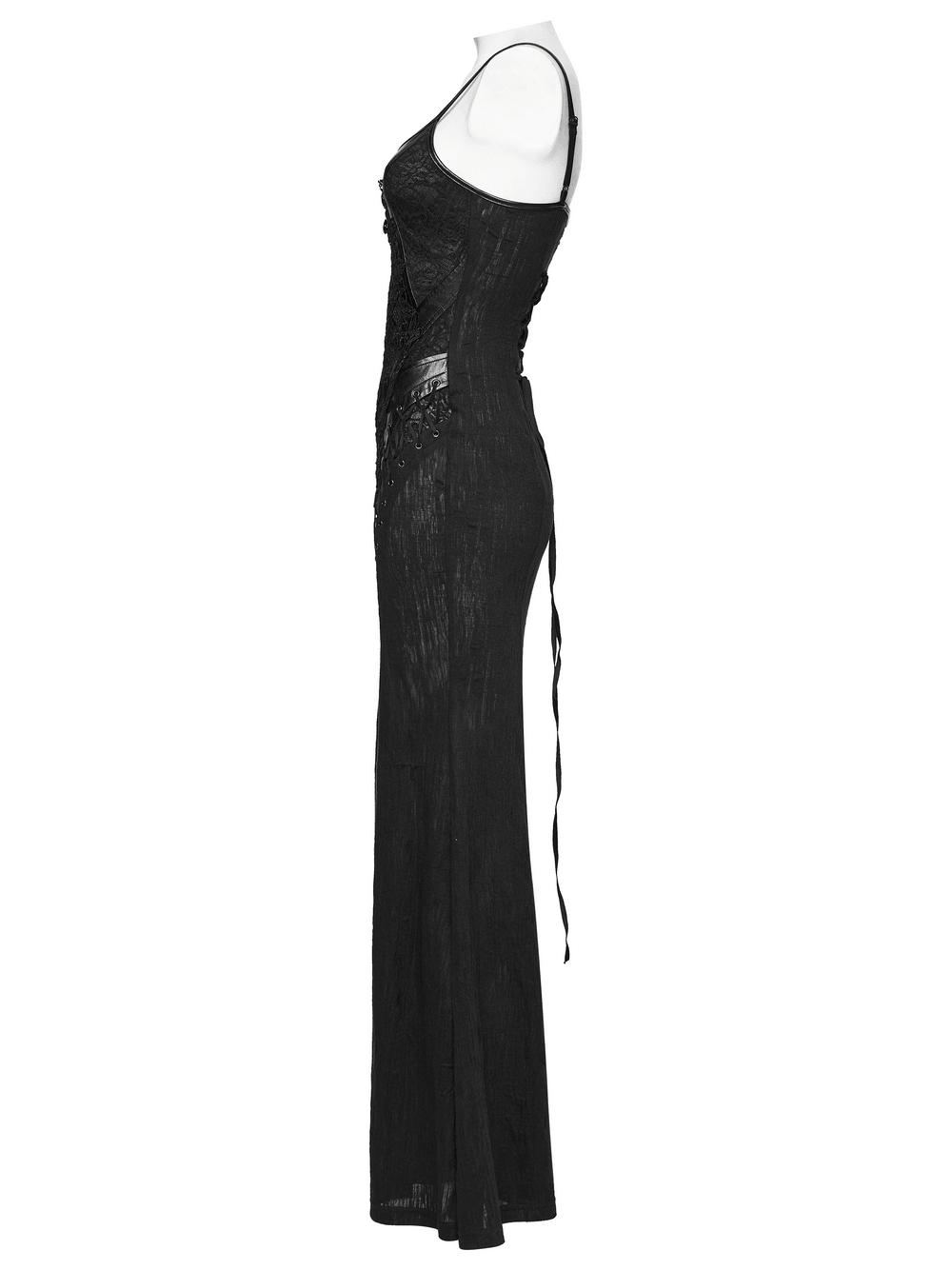 Female Gothic Lace Mesh Slip Dress with Lace Up Back shown from the side, featuring lace panels and a dramatic silhouette.