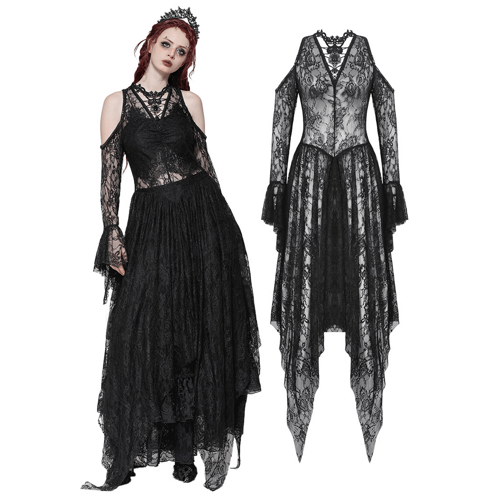 Elegant black gothic lace overlay maxi dress with sleeves, featuring a corset back and intricate lace details.