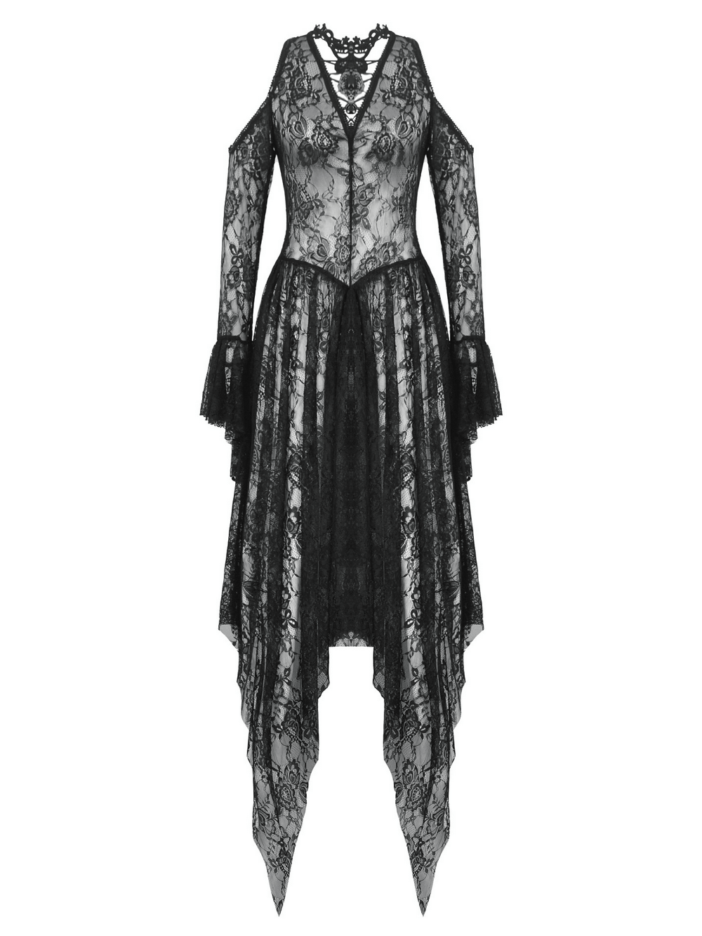 Elegant black gothic lace overlay maxi dress with sleeves and corset back for a dramatic evening look.