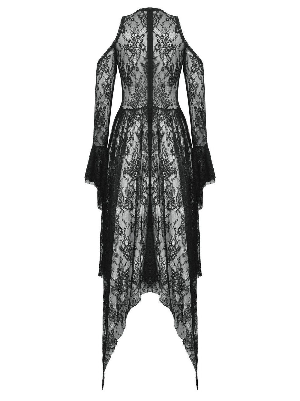 Back view of a black Gothic lace overlay maxi dress with long sleeves and elegant floral details.