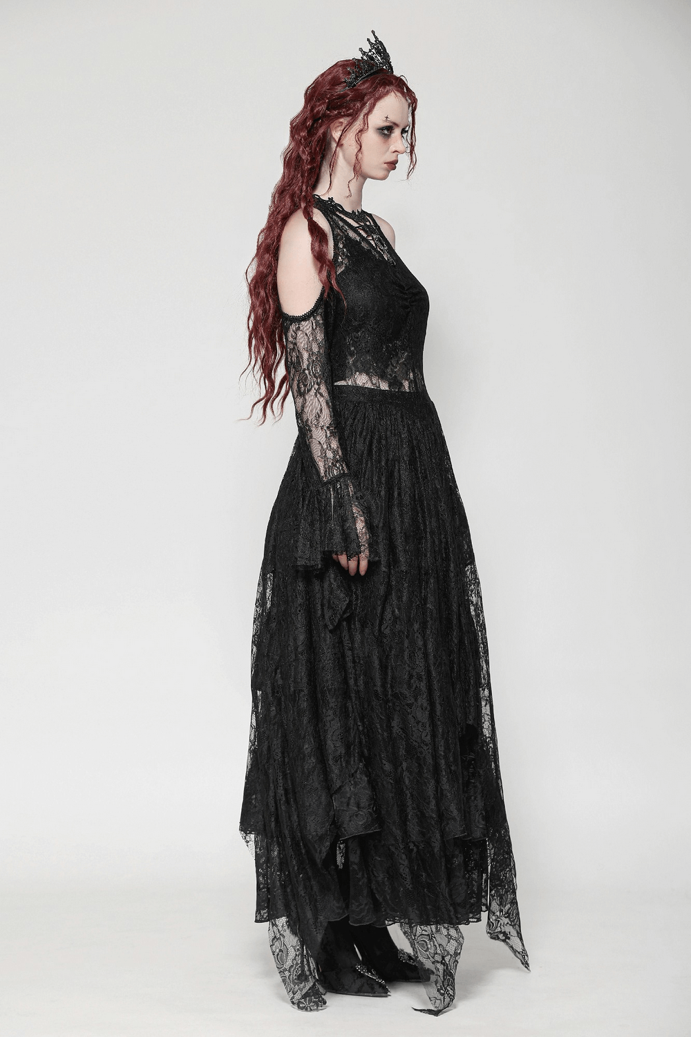 Elegant black gothic lace overlay maxi dress with sleeves, perfect for Victorian-inspired events and dramatic evenings.