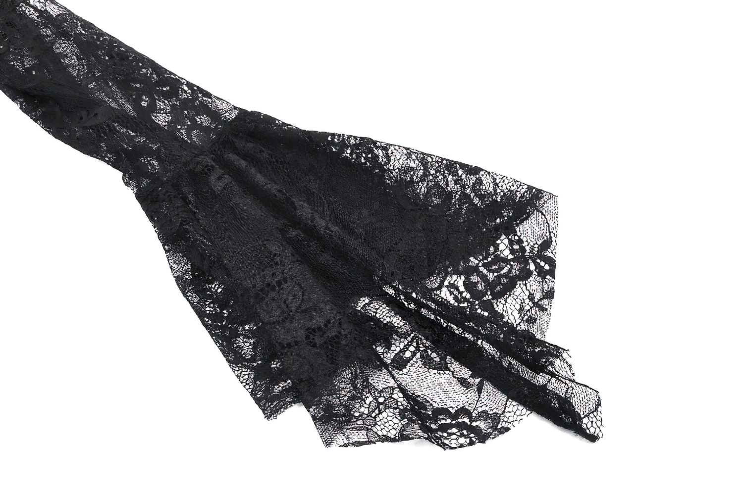 Black floral lace fabric detail showcasing intricate patterns and texture, perfect for gothic or vintage designs.