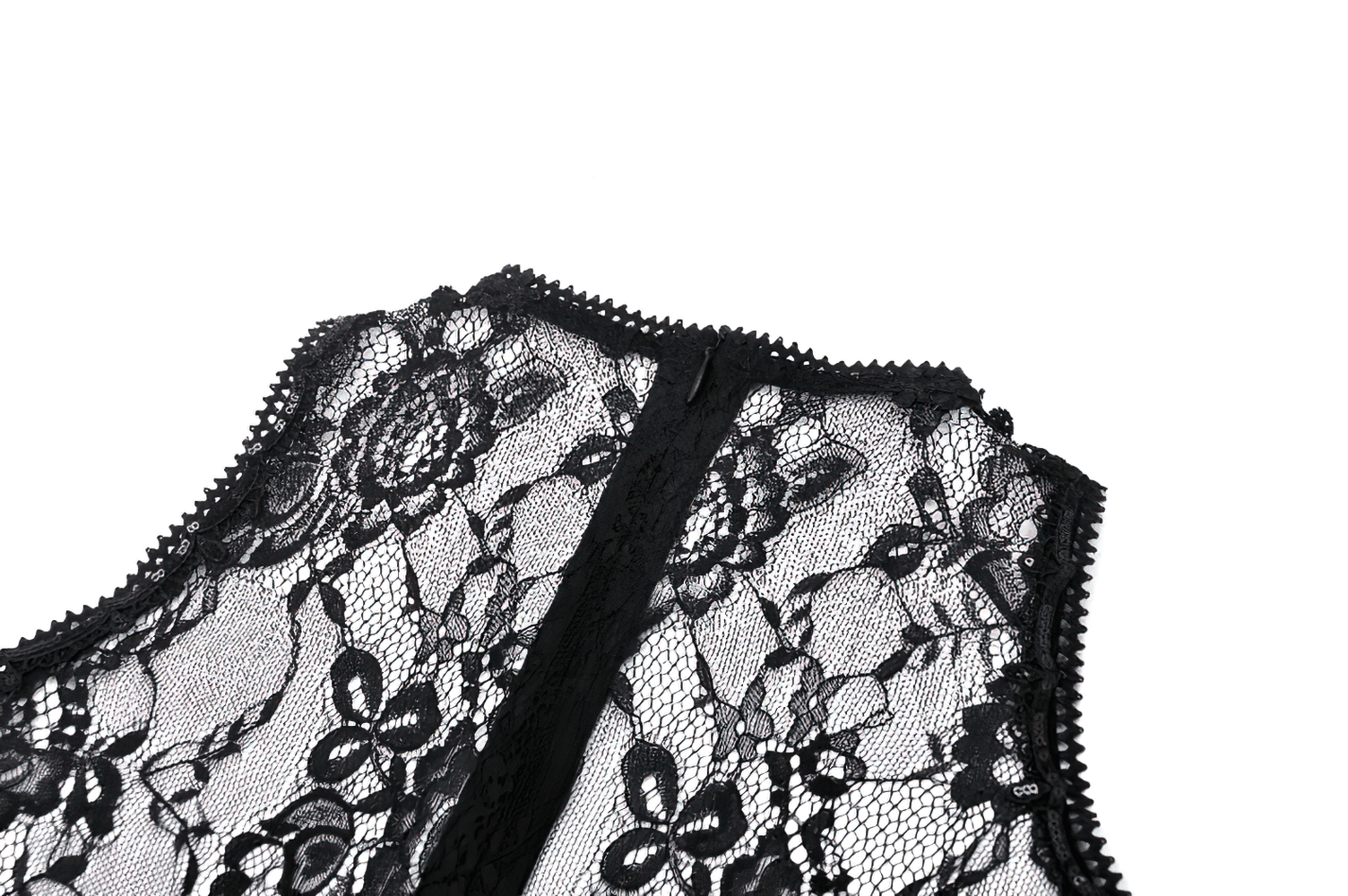 Close-up of black floral lace fabric with intricate details, perfect for a gothic dress or elegant fashion.