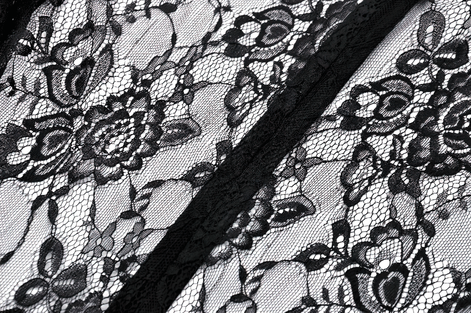 Close-up of intricate black floral lace overlay, showcasing elegant detailing for gothic fashion and vintage style.