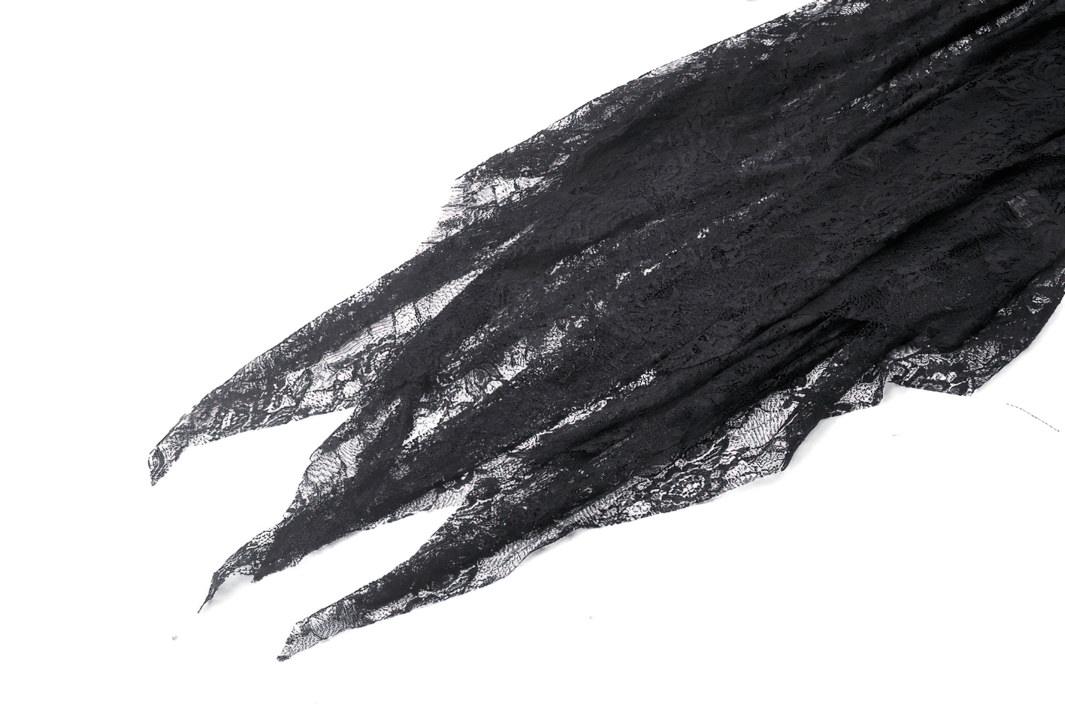 Flowing black lace fabric with intricate floral patterns, ideal for gothic dress embellishments and dramatic styling.