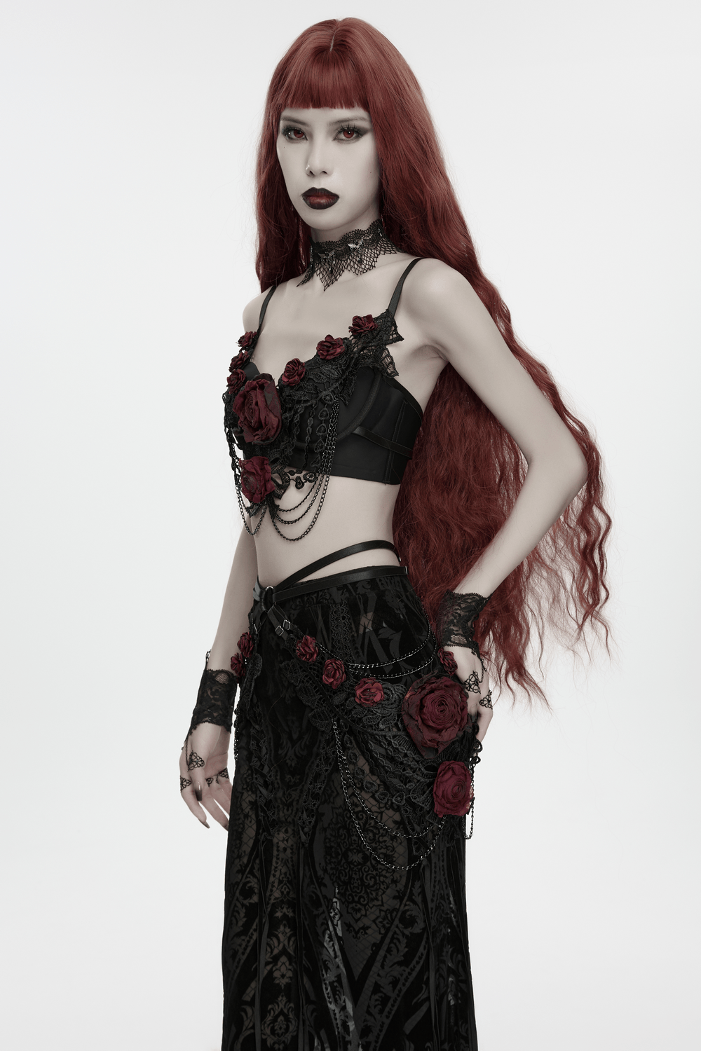 Female Gothic Lace Rose Hip Chain Harness Accessory showcasing intricate lace and rose details on a model in gothic style.