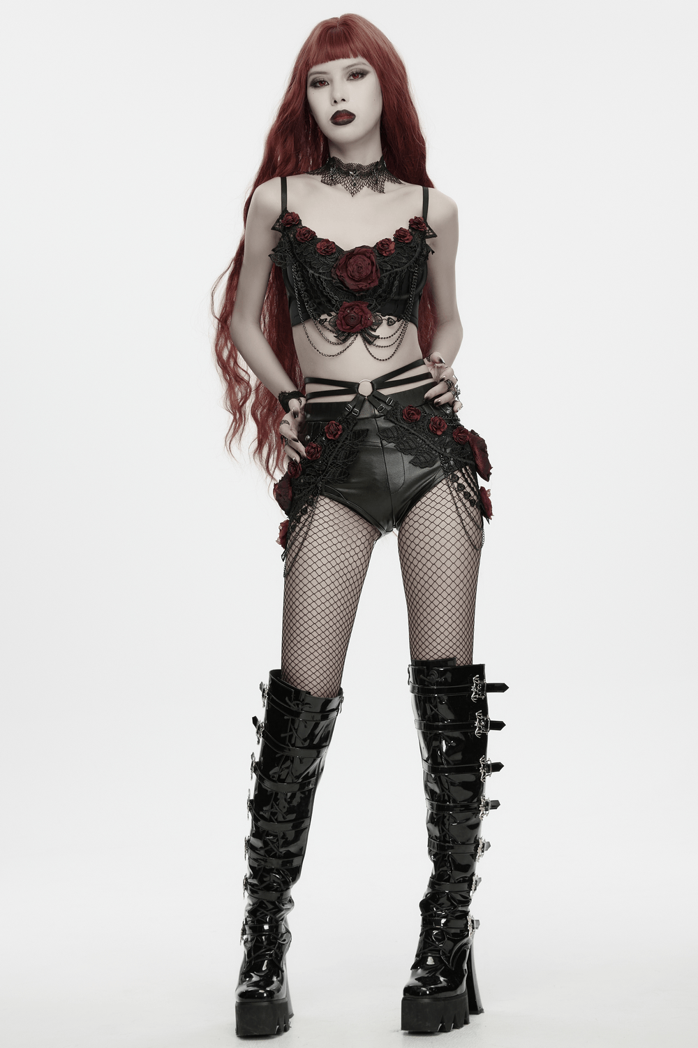 Female Gothic Lace Rose Hip Chain Harness Accessory worn with black shorts and fishnet stockings, showcasing gothic style.