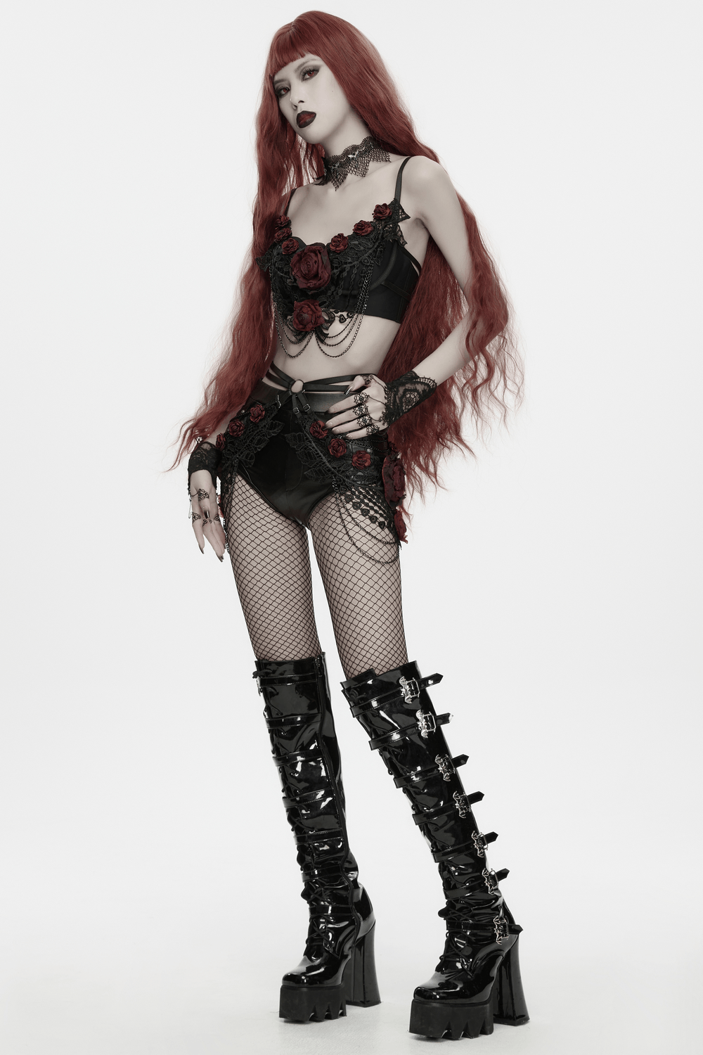 Female Gothic Lace Rose Hip Chain Harness Accessory showcasing dark romantic fashion with roses and lace.