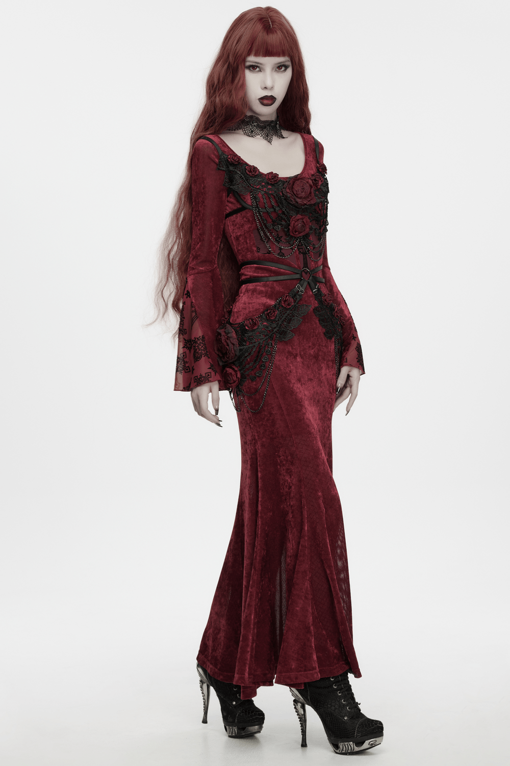 Stunning model wearing a Female Gothic Lace Rose Hip Chain Harness Accessory with a red velvet dress and dark lace details.