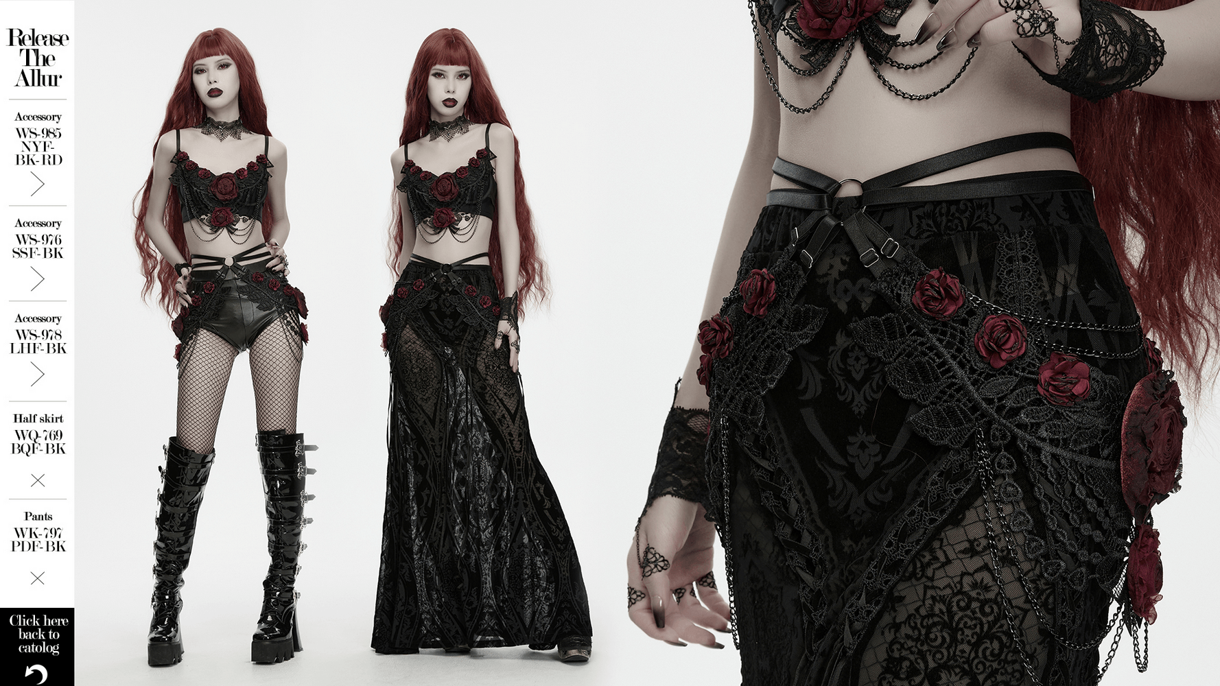 Female Gothic Lace Rose Hip Chain Harness Accessory worn by model, featuring floral accents and intricate lace details.