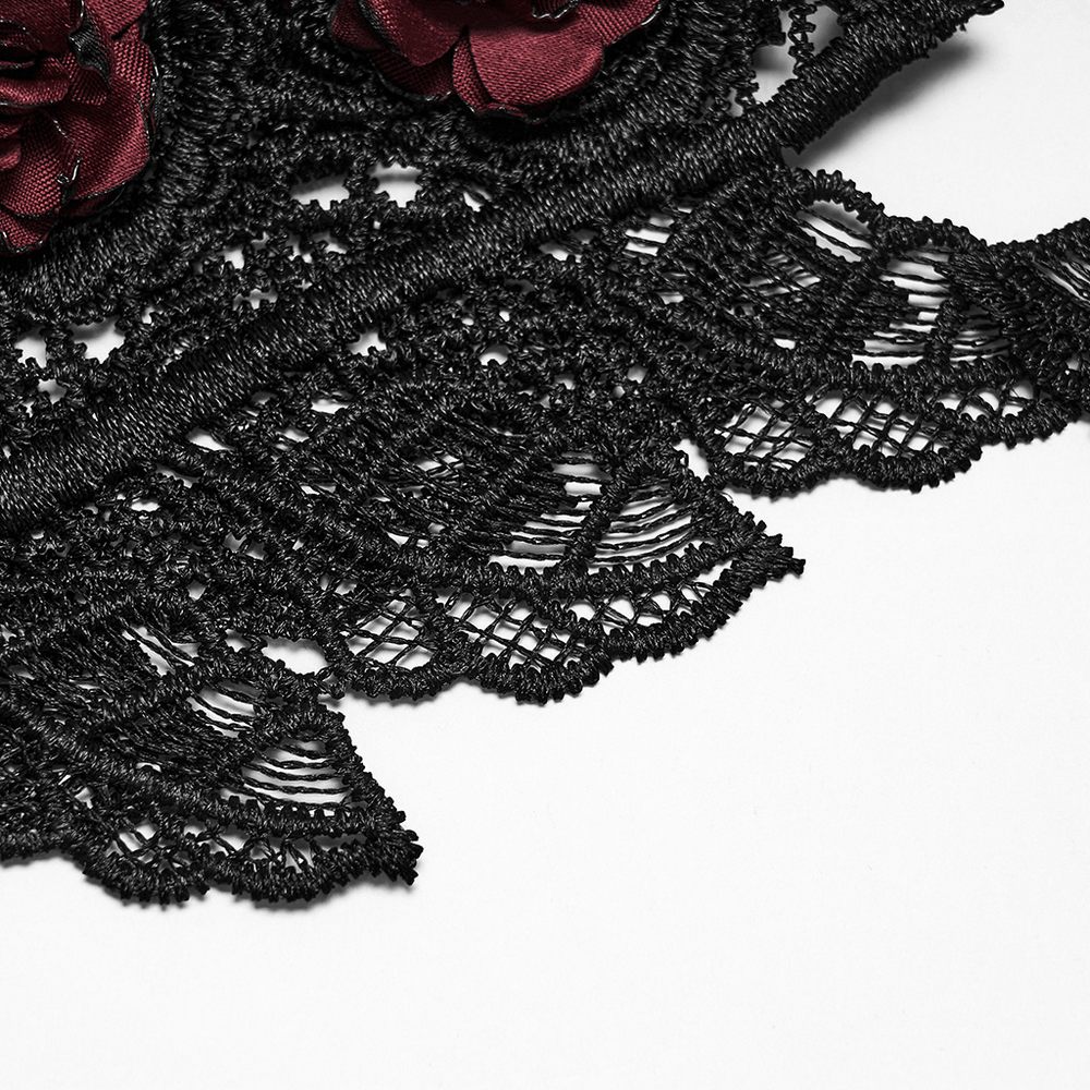 Female Gothic Lace Rose Hip Chain Harness Accessory with dark lace and red rose embellishments.