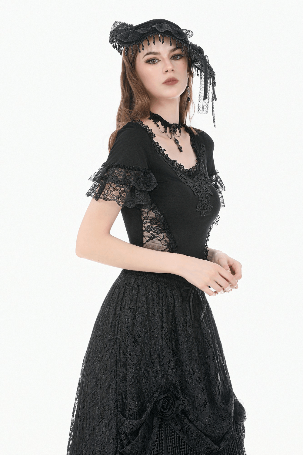 女性用ゴシックレーストップス、レイヤードラッフルスリーブ付き