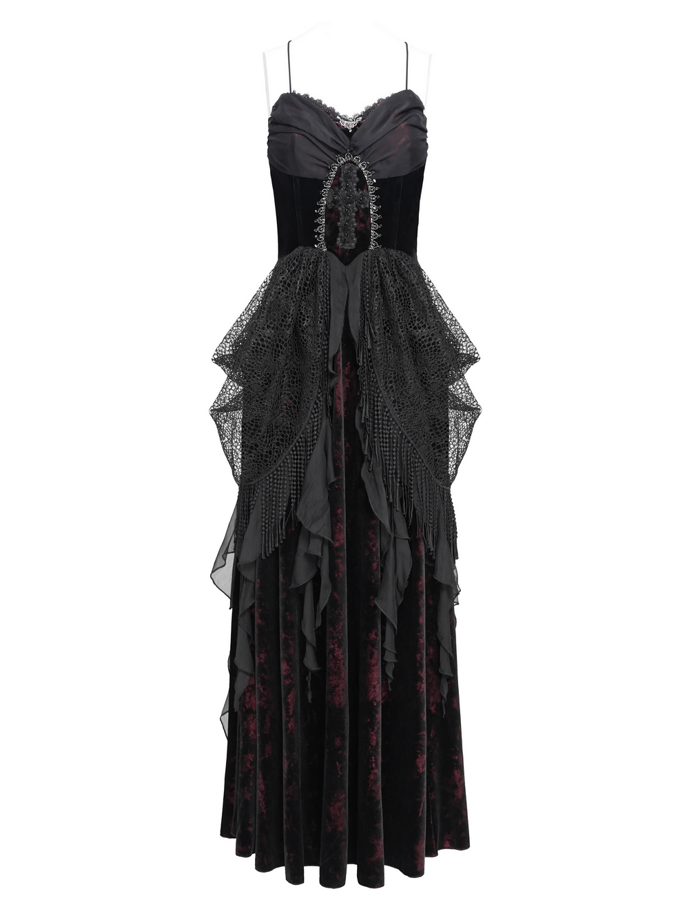 Female Gothic Lace-Up Dress with Ruffled Tulle Layers featuring intricate design and dramatic silhouette.