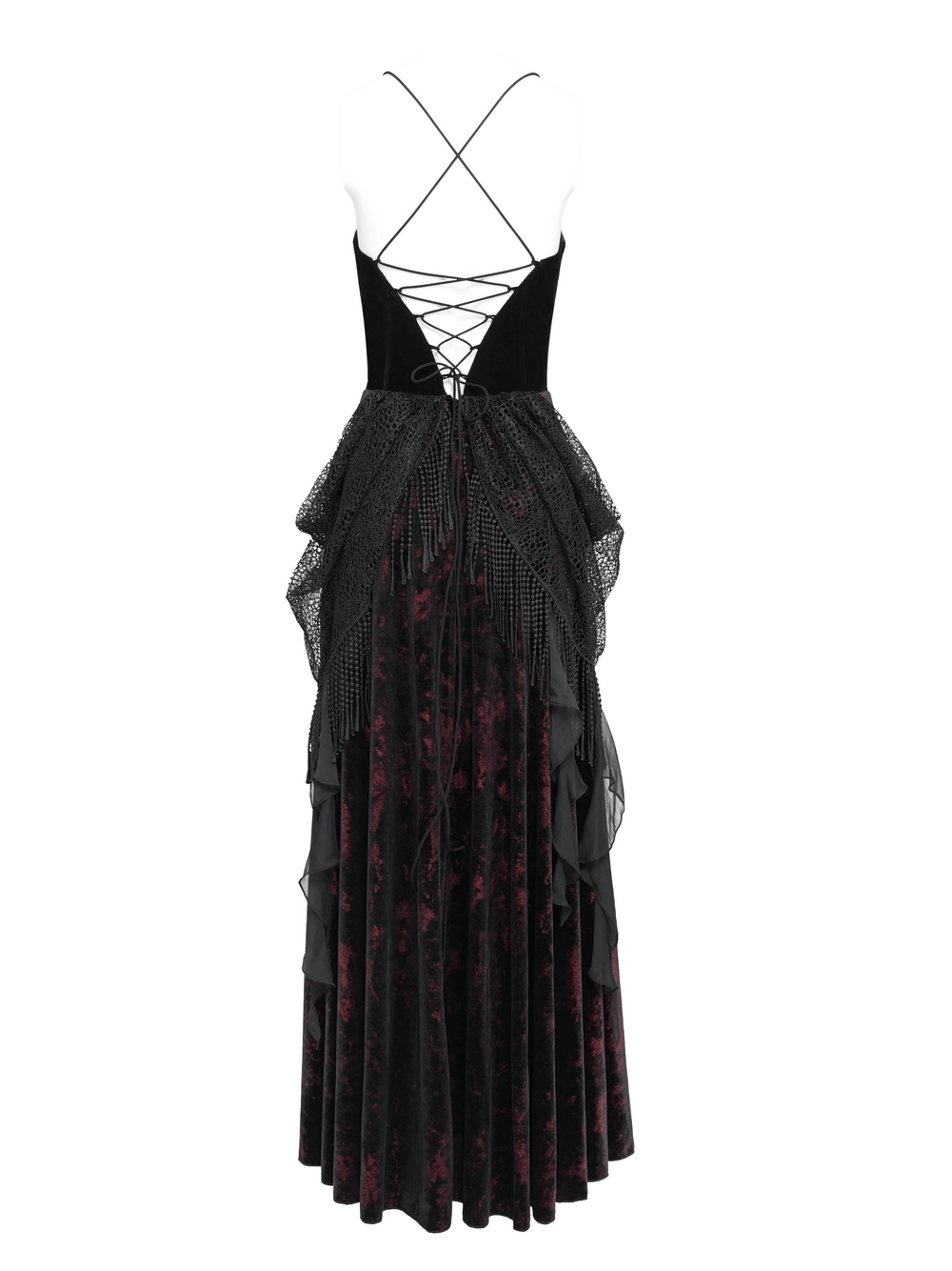 Female Gothic Lace-Up Dress with Ruffled Tulle Layers showing the back design and intricate lace-up detail.
