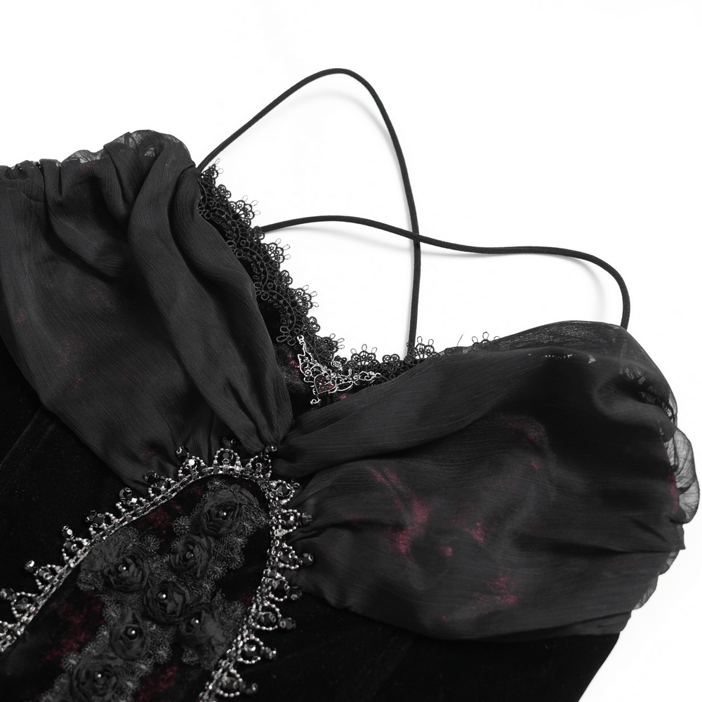 Female Gothic Lace-Up Dress with Ruffled Tulle Layers intricate detailing on the off-shoulder neckline and beaded embellishments