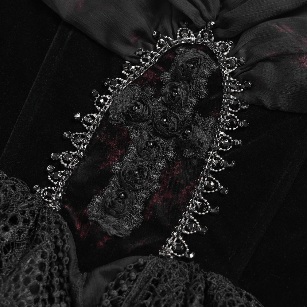 Intricate embellishments on the Female Gothic Lace-Up Dress with Ruffled Tulle Layers, featuring roses and beading.