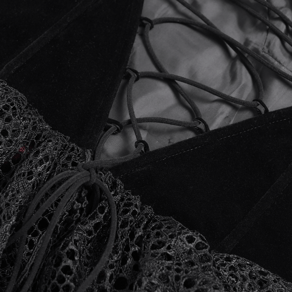 Female Gothic Lace-Up Dress with Ruffled Tulle Layers close-up showing lace-up detail and textured lace.