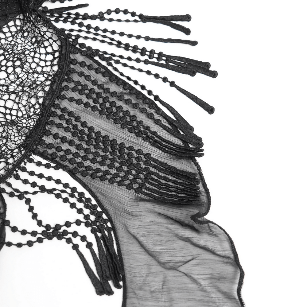 Detail of fringed lace featuring decorative beading for a Female Gothic Lace-Up Dress with Ruffled Tulle Layers.