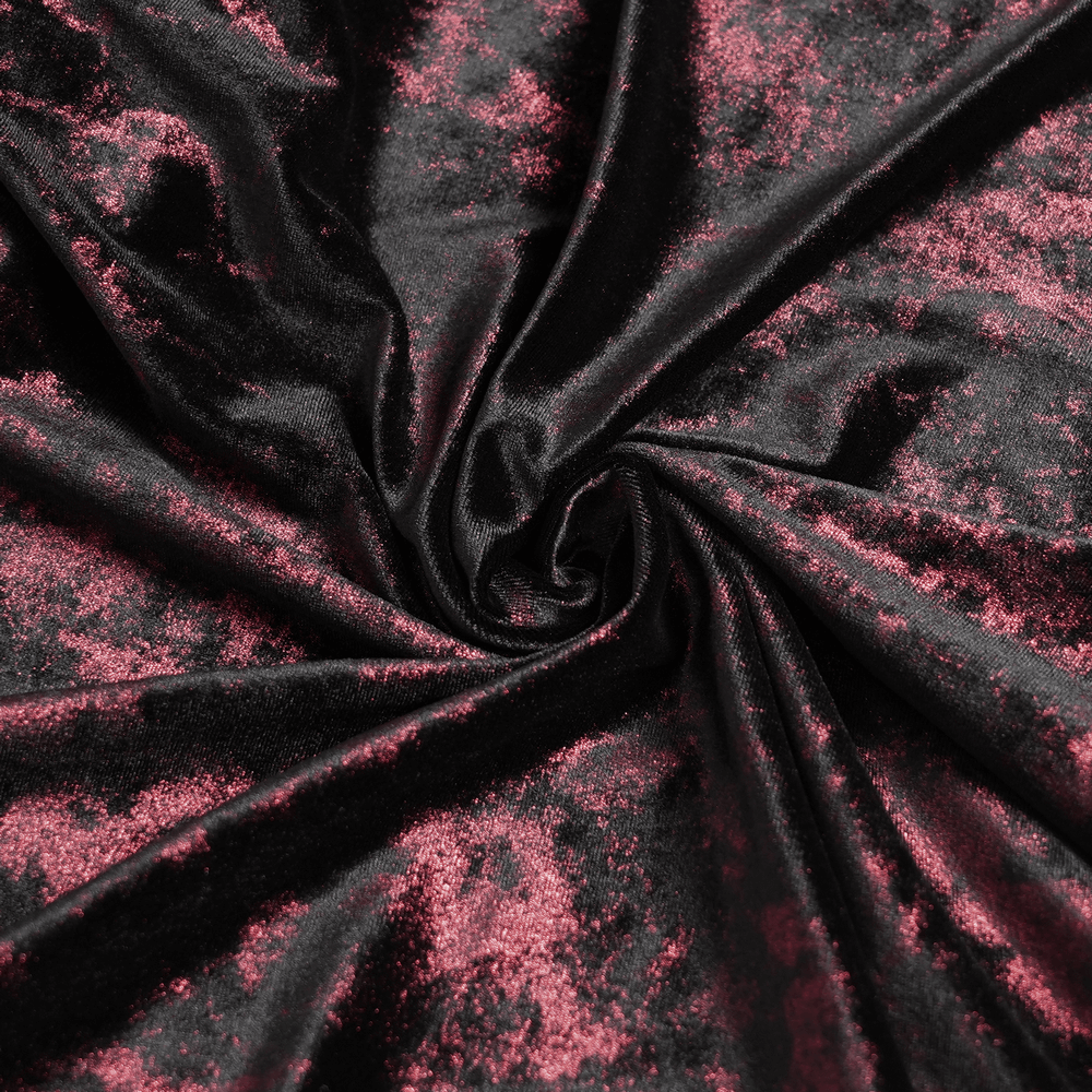 Female Gothic Lace-Up Dress with Ruffled Tulle Layers - Close-up of luxurious black and burgundy velvet fabric.