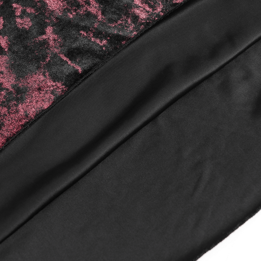 Female Gothic Lace-Up Dress with Ruffled Tulle Layers black velvet fabric close-up showing intricate detailing and texture.