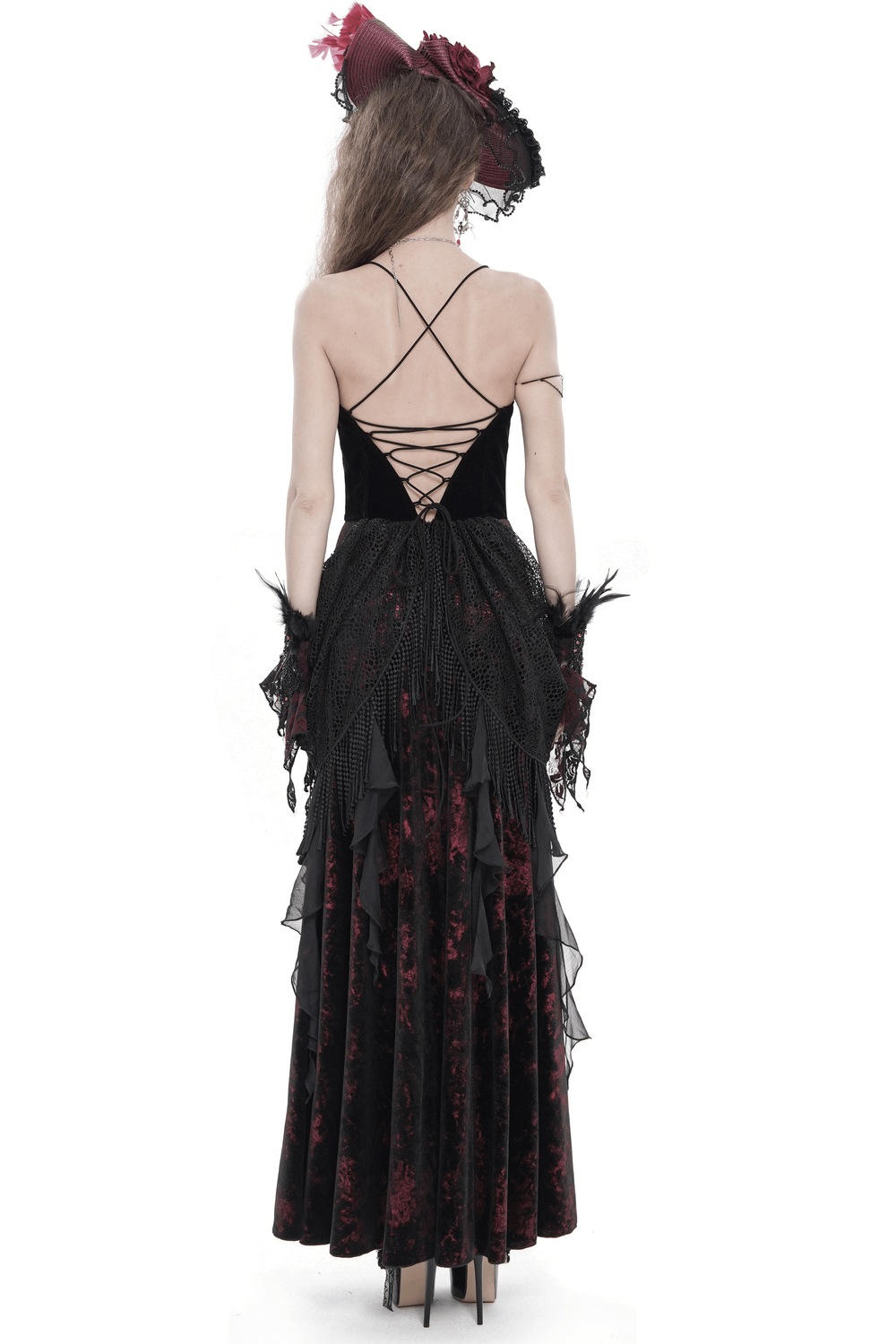 Female Gothic Lace-Up Dress with Ruffled Tulle Layers showcasing the dramatic lace-up back and flowing silhouette.