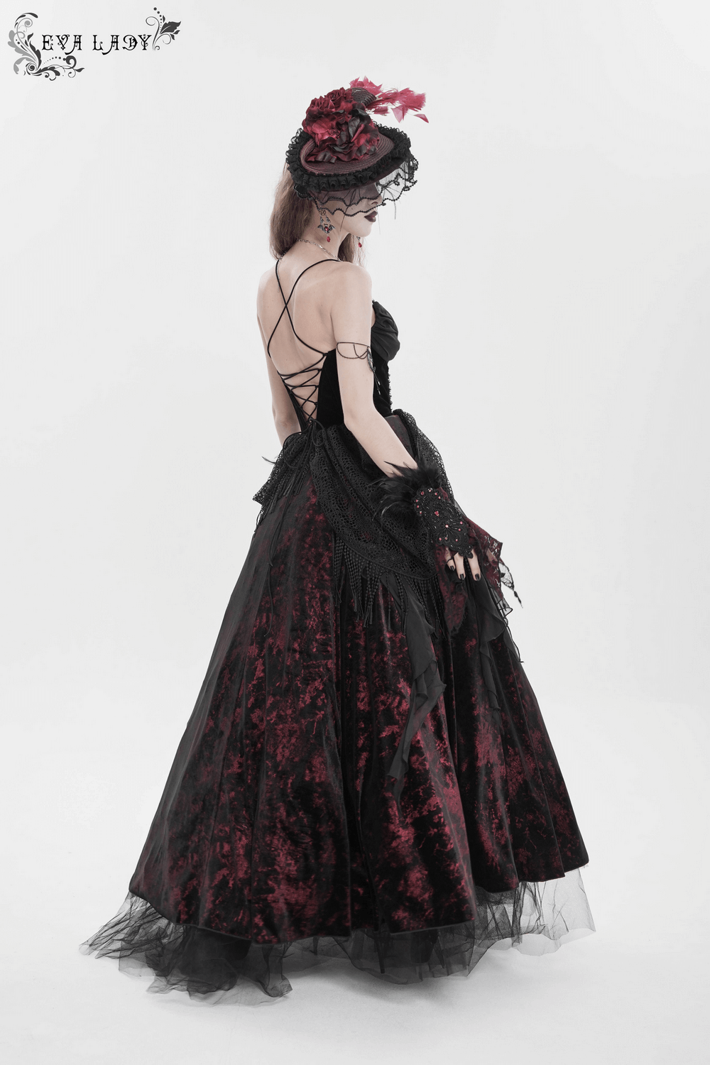 Female Gothic Lace-Up Dress with Ruffled Tulle Layers featuring dramatic lace-up back and flowing red-black silhouette.