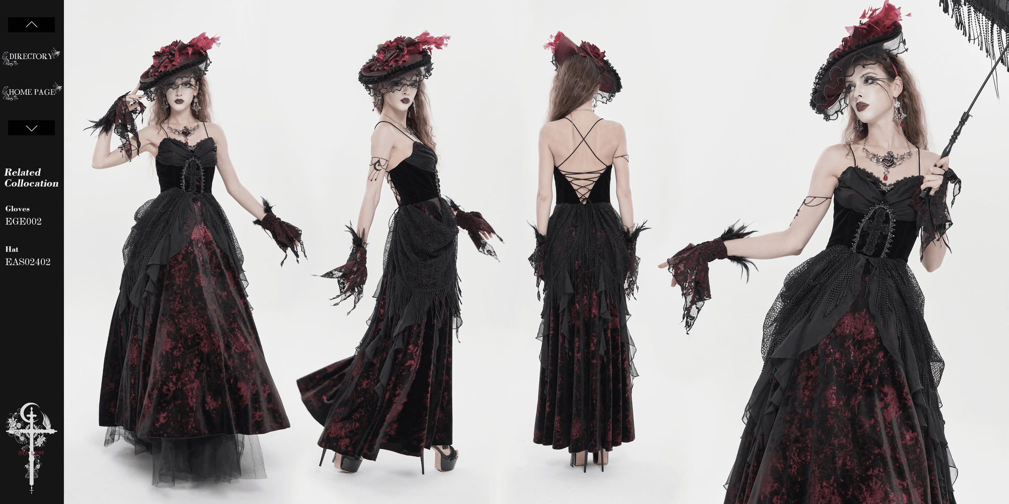 Female Gothic Lace-Up Dress with Ruffled Tulle Layers showcased from multiple angles on a model.