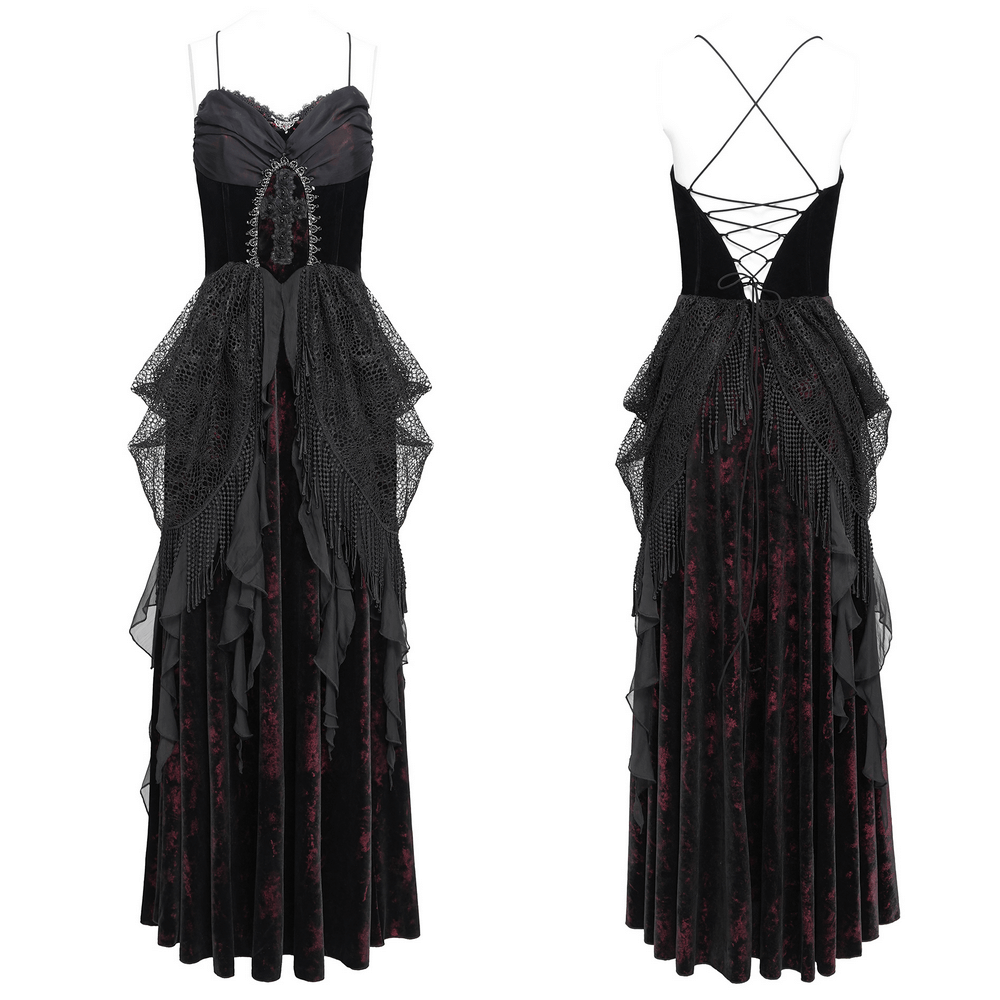 Female Gothic Lace-Up Dress with Ruffled Tulle Layers featuring intricate beading and fringe details.
