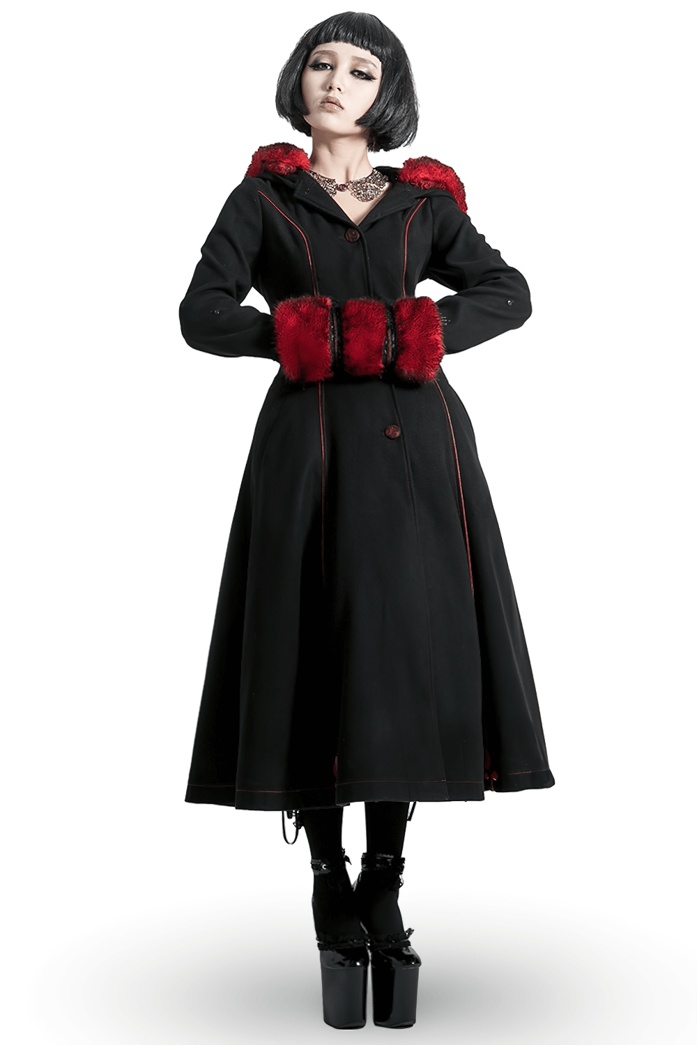Female gothic long coat with red faux fur trim and lace-up back, perfect for dramatic elegance and warmth.