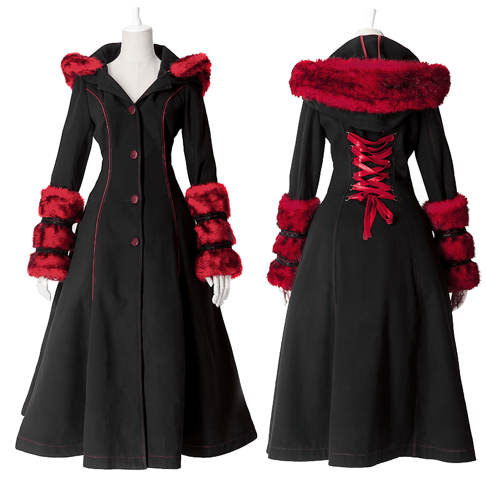 Elegant female gothic long coat with red faux fur trim and lace-up back for a dramatic flair.