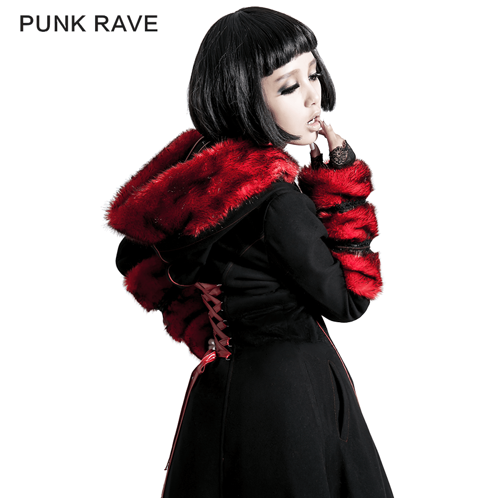 Female gothic long coat with red faux fur trim and lace-up back, combining elegance and dramatic flair.