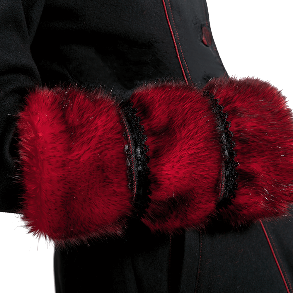 Close-up of red faux fur trim on a female gothic long coat, showcasing elegant design and dramatic flair.