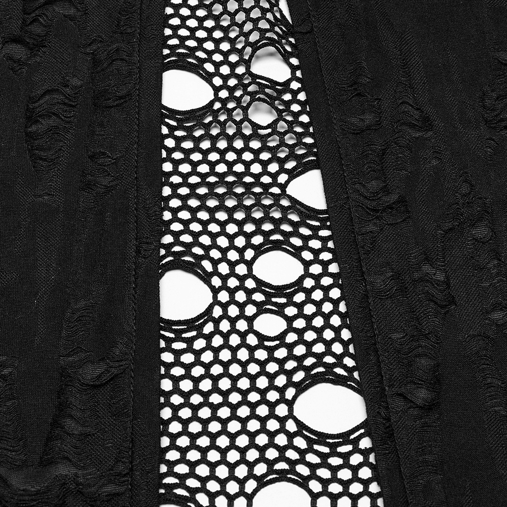 Close-up of black Gothic mesh and knit fabric featuring unique hole patterns for a bold, edgy look.