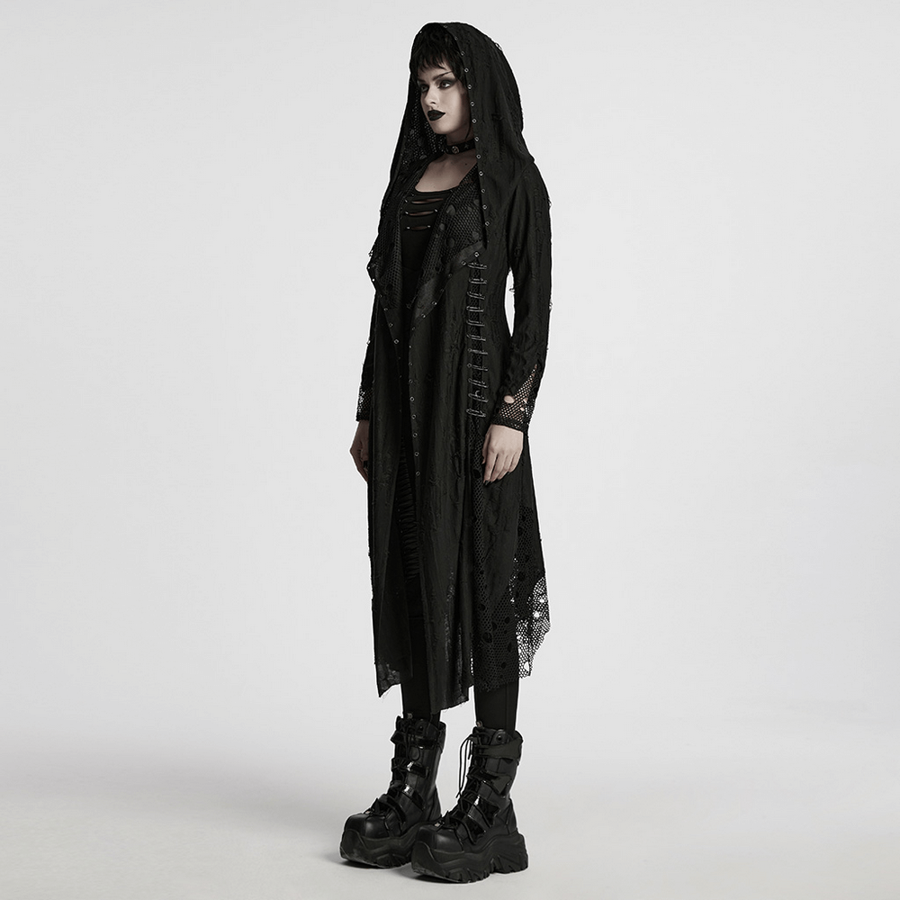 Gothic mesh and knit hooded asymmetric coat worn by a model, featuring edgy details and striking black design.