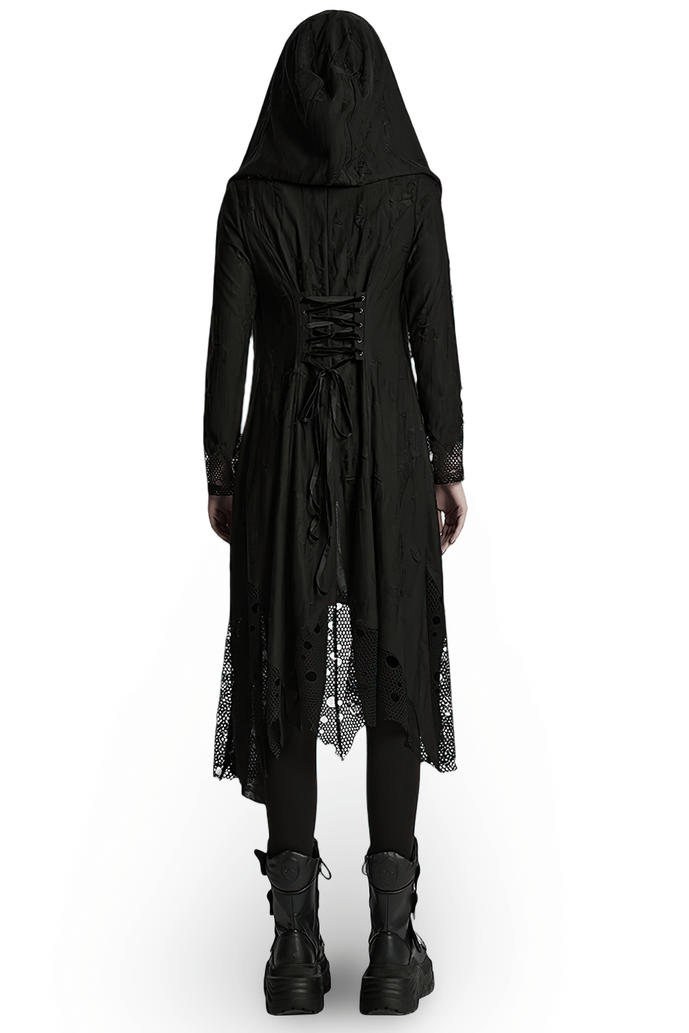 Back view of a female model in a Gothic black knitted asymmetric coat with hood and mesh detailing.