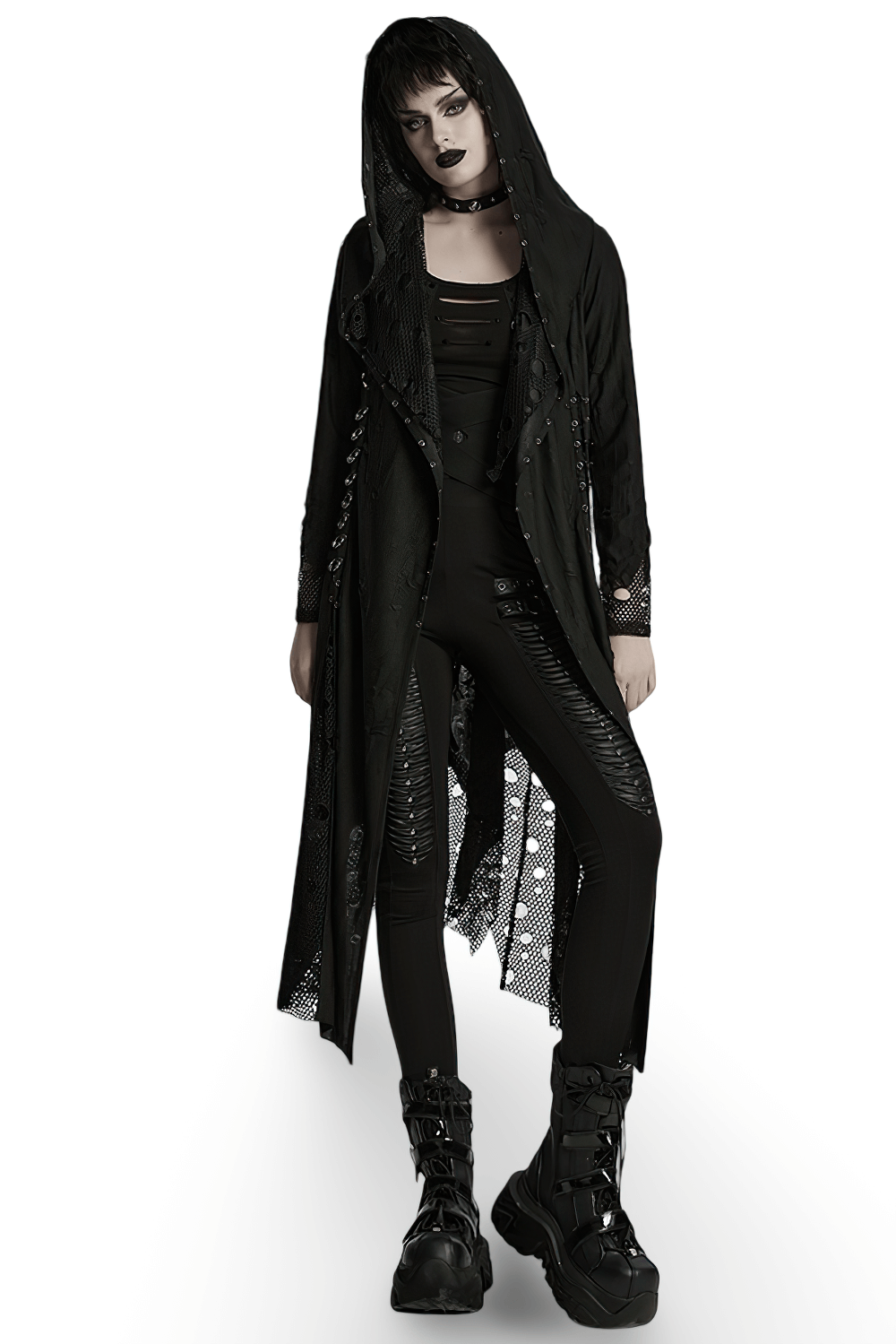 Gothic female model wearing a hooded asymmetric mesh and knit coat, showcasing edgy style with unique details.