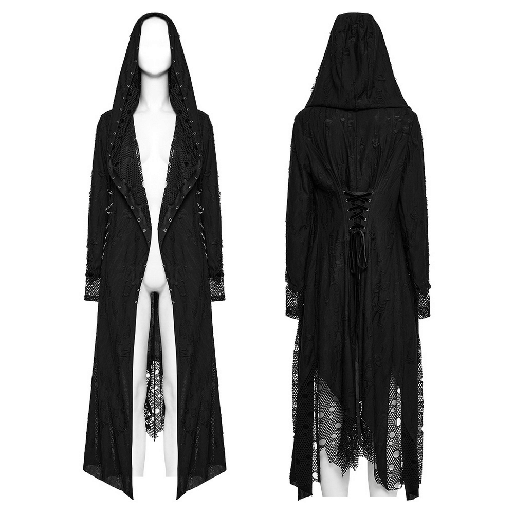 Female gothic knit and mesh hooded coat with asymmetric hem and edgy detailing.