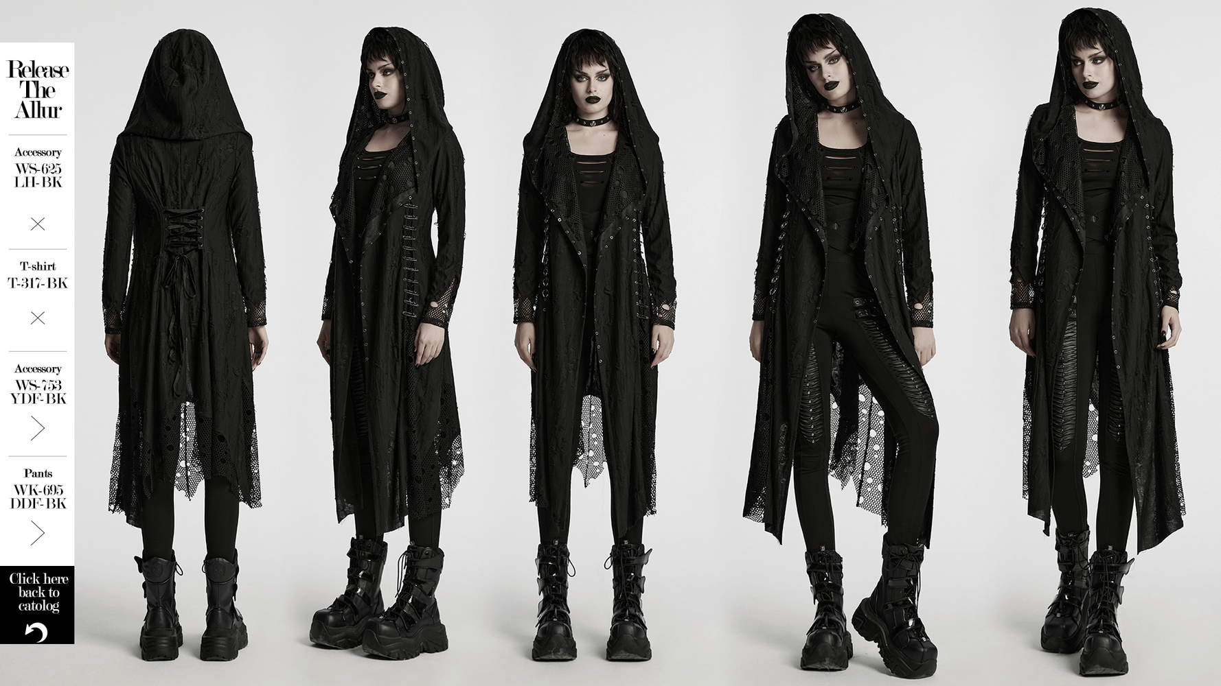 Gothic mesh and knit hooded asymmetric coat on model, showcasing edgy design with unique detailing and bold accessories.