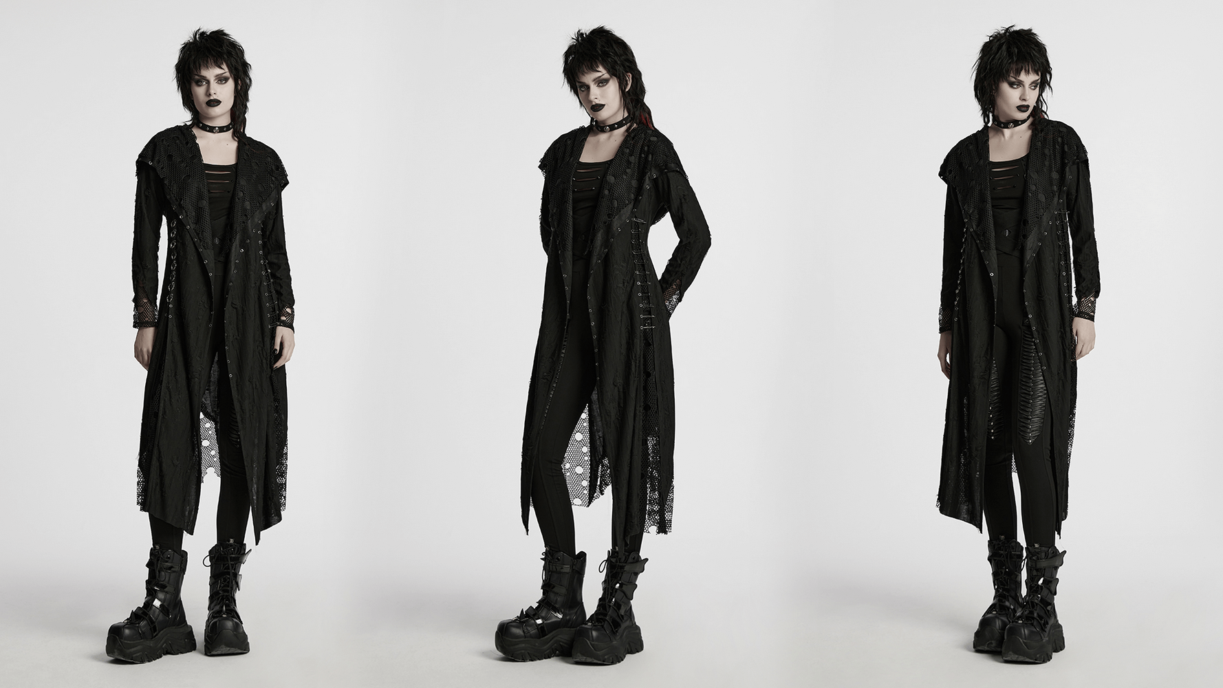 Female model showcasing a Gothic mesh and knit hooded asymmetric coat, exuding edgy style.