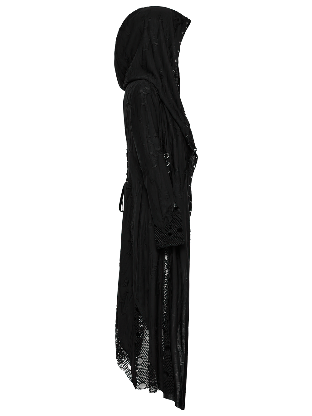 Side view of a black gothic asymmetrical coat with hood, featuring mesh detailing and edgy spiked accents.