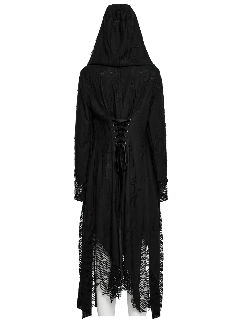 Back view of a female gothic mesh and knit hooded asymmetric coat featuring a lace-up design and unique mesh detailing.
