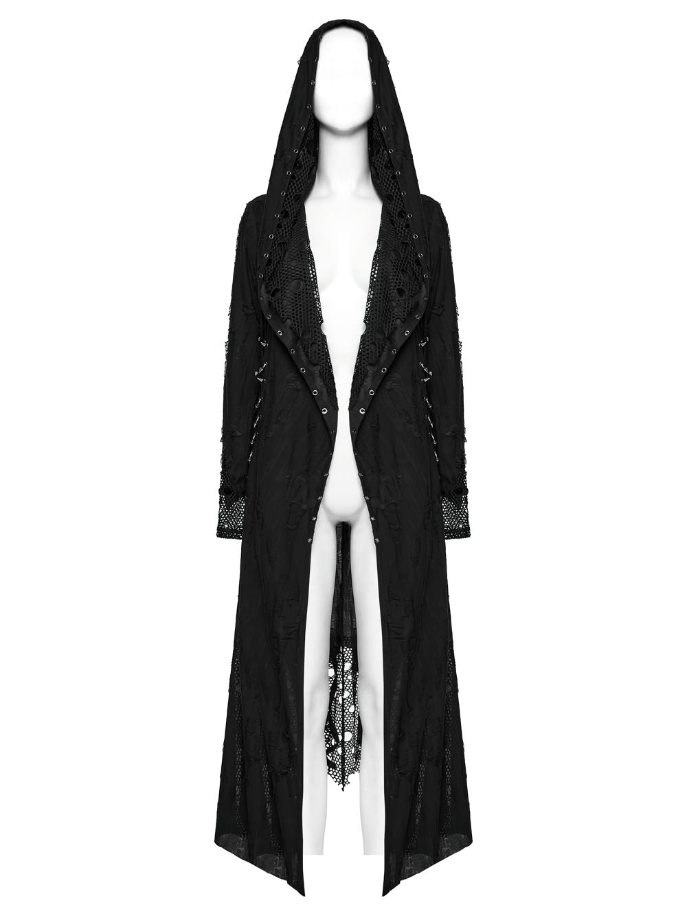 Gothic mesh and knit hooded asymmetric coat featuring eyelets, spikes, and unique detailing for a bold look.