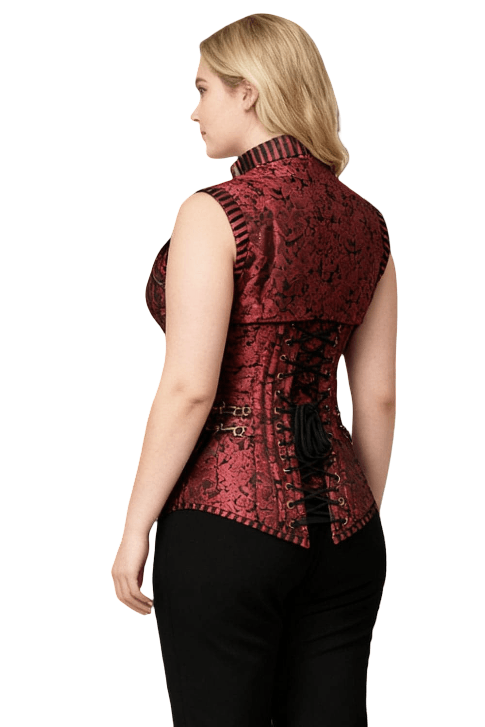 Female Gothic Overbust Corset with Steampunk Shrug Top showcasing the elegant back view with ornate details.