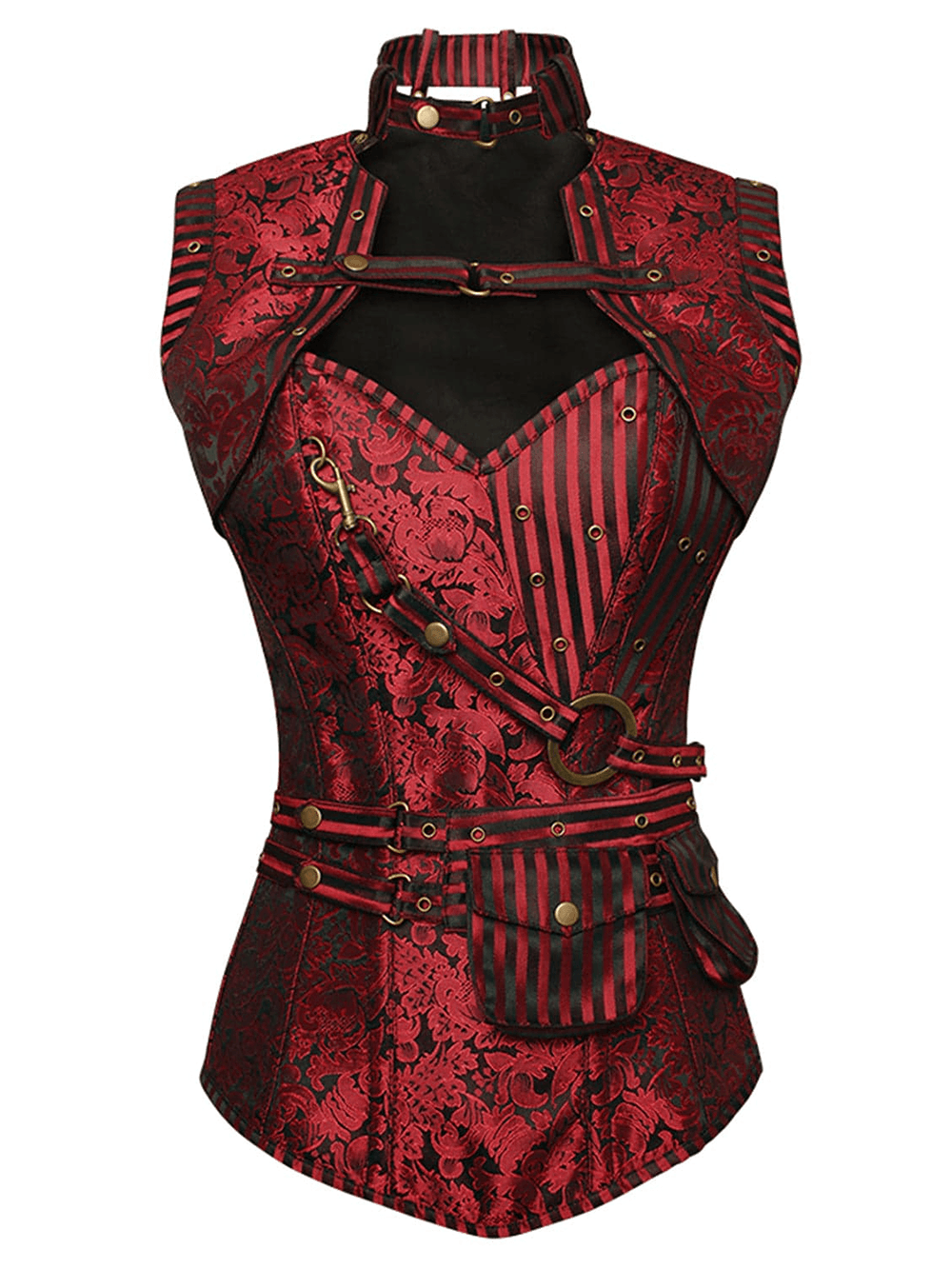Female Gothic Overbust Corset with Steampunk Shrug Top featuring ornate brocade in crimson red.