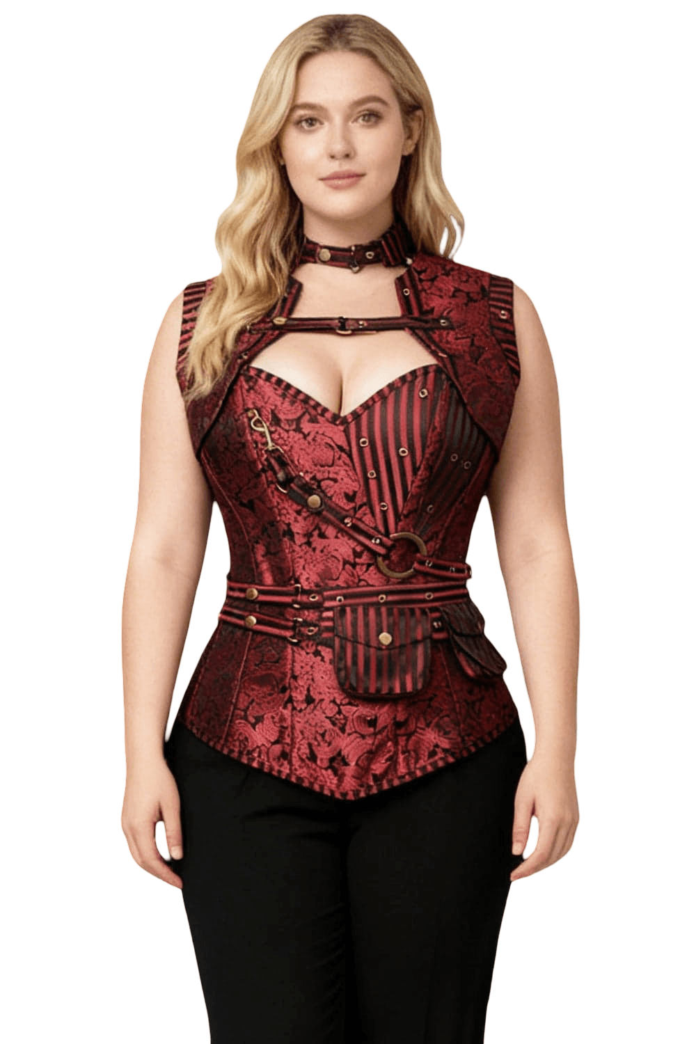 Female Gothic Overbust Corset with Steampunk Shrug Top in crimson red and black with brass accents and a dramatic silhouette.
