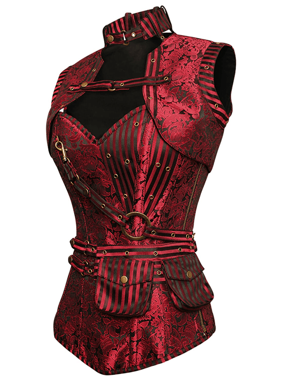 Female Gothic Overbust Corset with Steampunk Shrug Top featuring ornate patterns and brass accents in crimson and black.