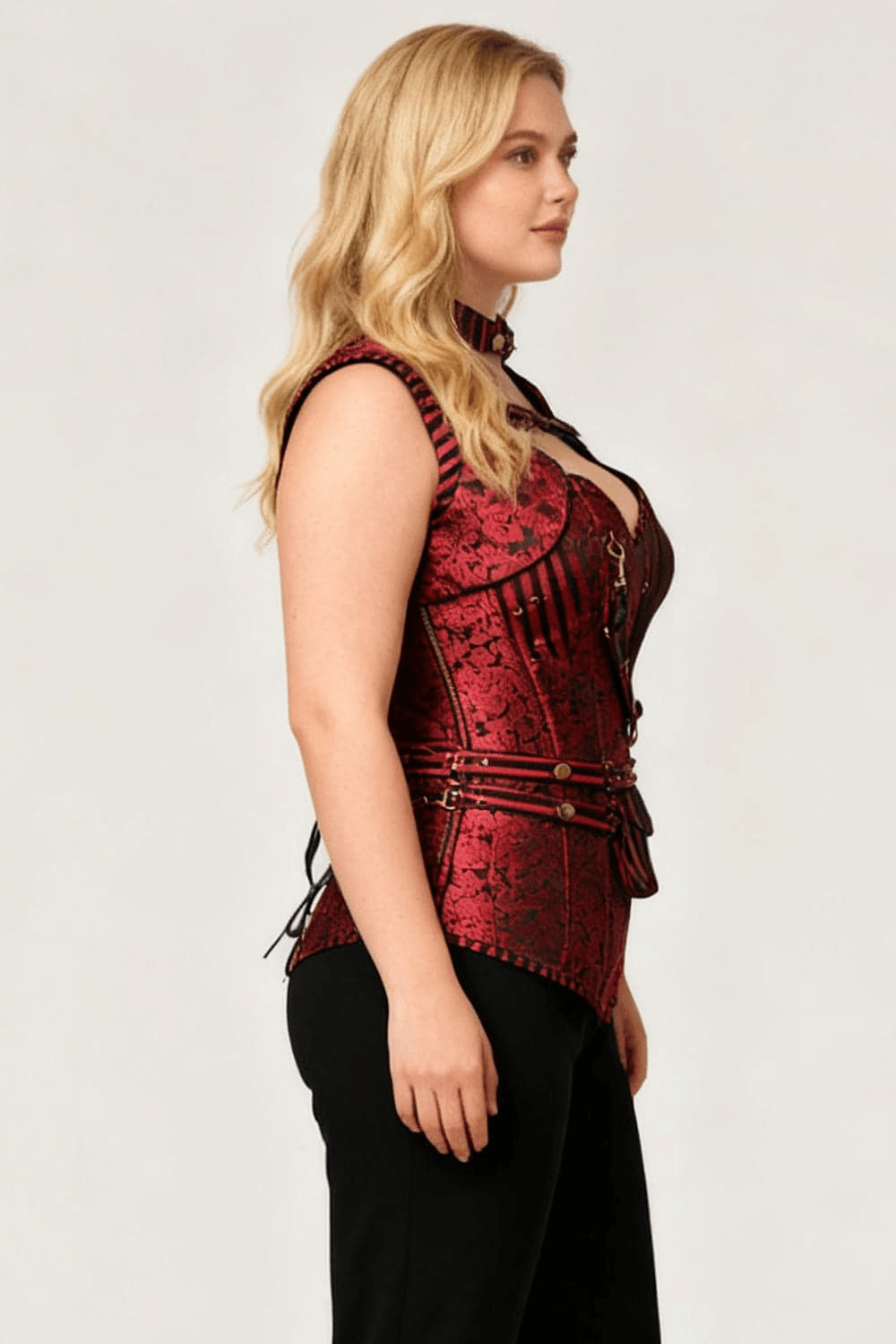 Female Gothic Overbust Corset with Steampunk Shrug Top showcased in a side view, featuring elegant crimson red fabric and brass accents.