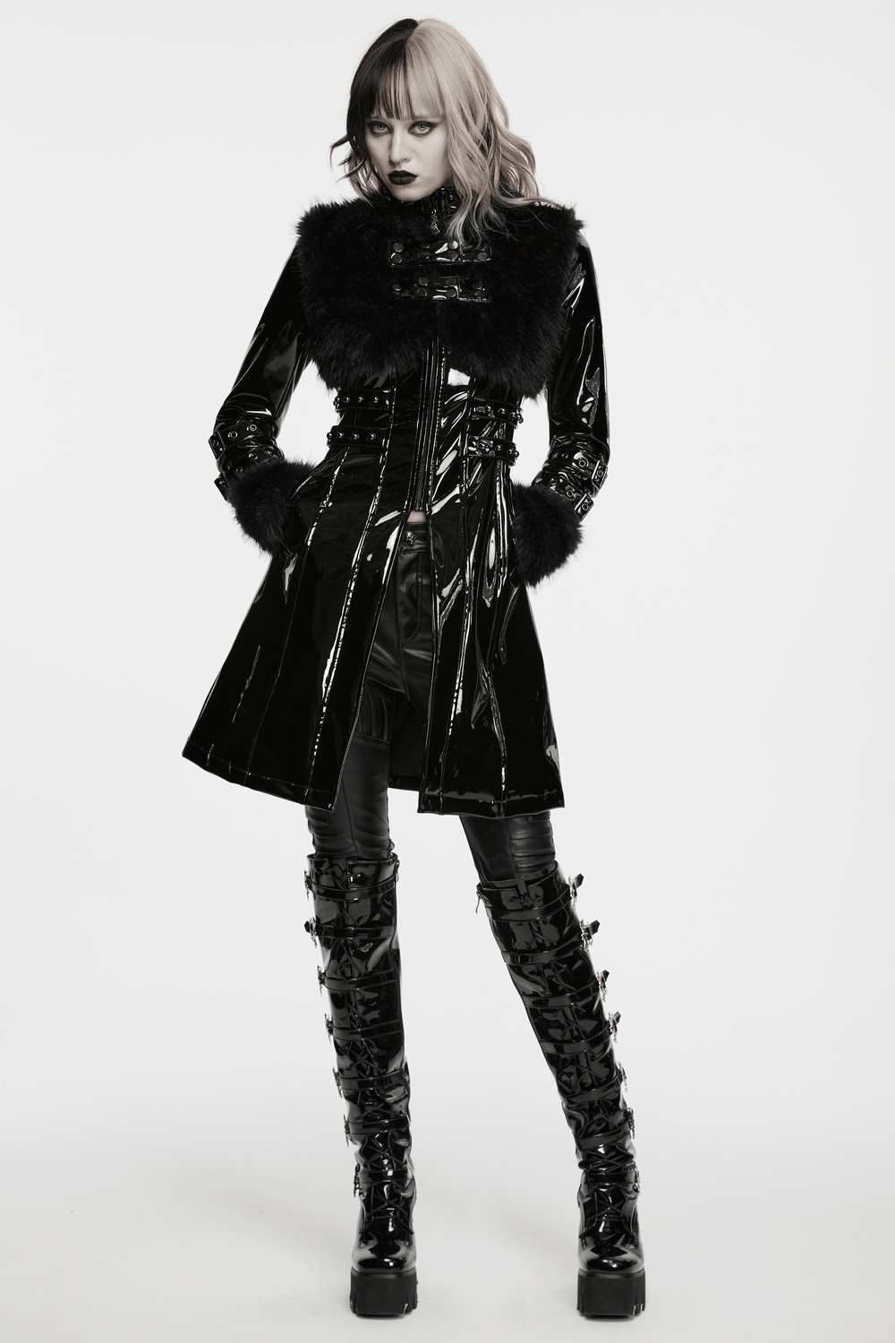 Female Gothic Patent Leather Coat with Faux Fur Trim worn by a model showcasing its edgy style and bold design.