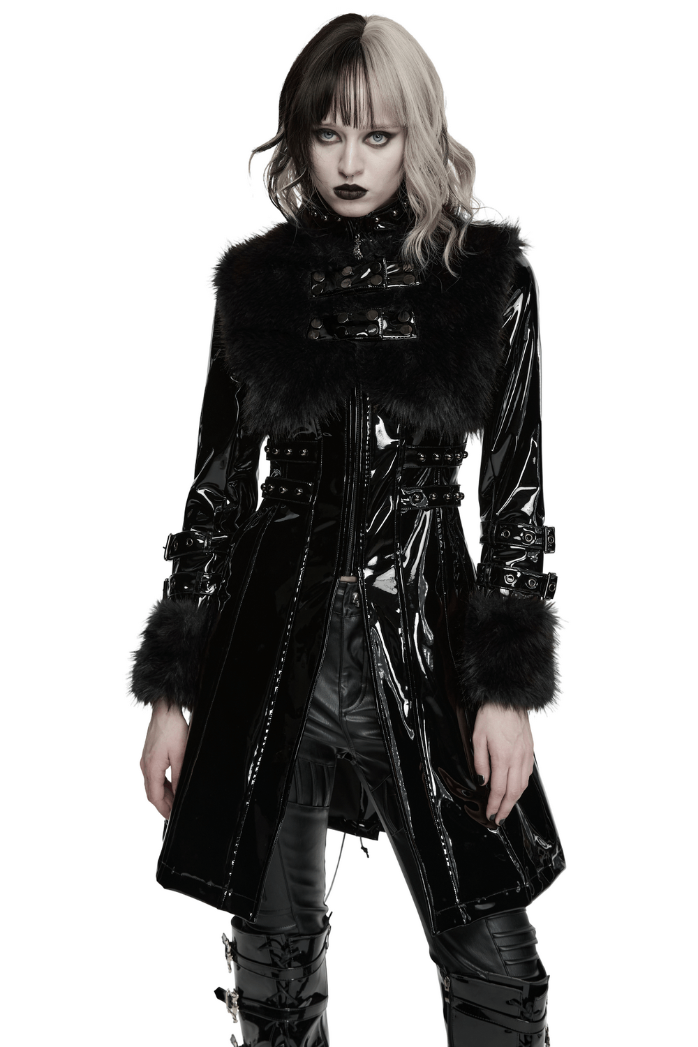 Female Gothic Patent Leather Coat with Faux Fur Trim showcasing bold bondage details and a dramatic silhouette.
