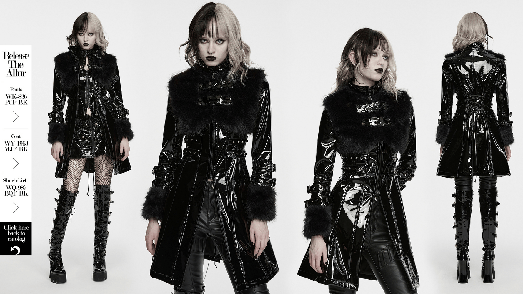 Female Gothic Patent Leather Coat with Faux Fur Trim showcased on model, highlighting sleek design and bold features.